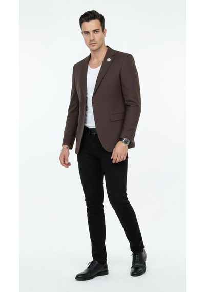 Plus Scorpion Erkek Mono Yaka Tek Düğmeli Çift Yırtmaçlı Blazer Ceket Premium Dokuma Kumaş, 8 Renk Kahverengi