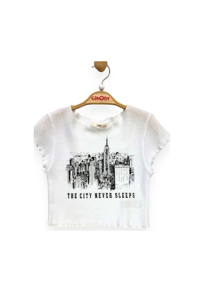 Çikoby Kız Çocuk The City Yazılı Crop-13749 Beyaz