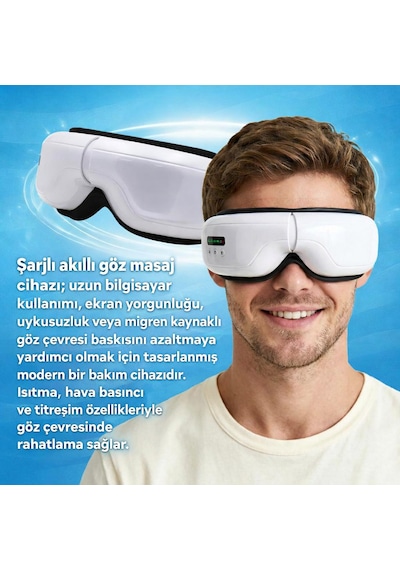 Eldi Medikal Göz Yorgunluğu İçin Isıtmalı Hava Basınçlı Bluetoothlu Akıllı Göz Masaj Cihazı