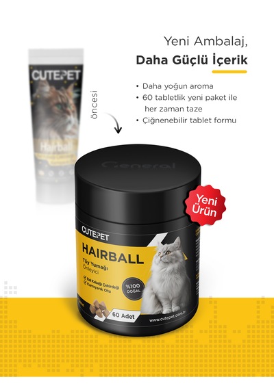 Cutepet Hairball Kedi Tüy Yumağı Önleyici Tablet 60 Adet Sindirim Destekleyici Ve Malt Etkili