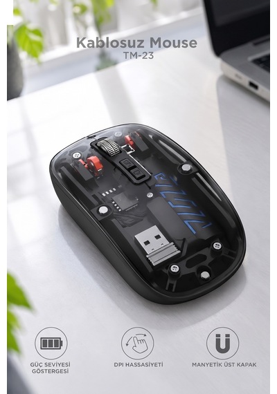 Şeffaf Çift Modlu Fare Bluetooth 5.2 + 2.4g Kablosuz Mouse Tm23 Siyah -