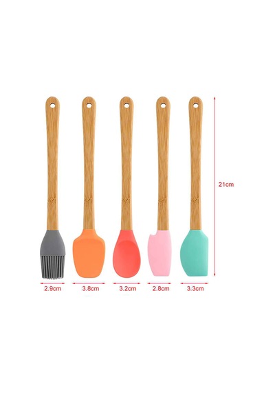 5 Parça Mini Silikon Spatula Kaşık Fırça Seti - High Quality - Bambu Saplı Karışık