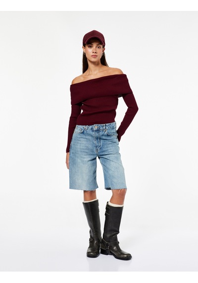 Koton Uzun Kollu Omzu Açık Slim Fit Triko Kazak Bordo 6wal90173ht Bordo