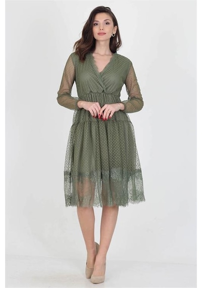 Neşeli Butik Neseli Butik Kruvaze Yaka Eteği Güpür Detaylı Yeni Sezon Elbise Nb0010 Haki