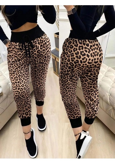Zennamoda Kadın Yüksek Bel Bağcıklı Desenli Iki Iplik Pantolon Leopar