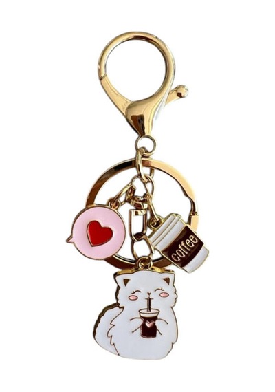 Kahveli Beyaz Kedi Metal Charm Anahtarlık Çok Renkli Çok Renkli