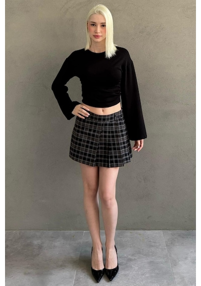 Madmext Siyah %100pamuklu Ekose Desen Pileli Mini Şort Etek Mg2629 Siyah