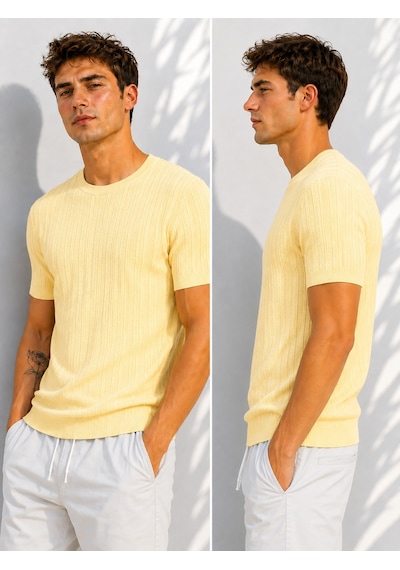 Ribana Erkek Bisiklet Yaka Kısa Kollu Esnek Örme Triko T-shirt 26091 Sarı