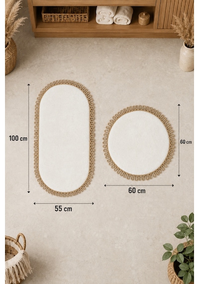 El Yapımı Bohem Banyo Paspası 2'li Peluş Kaymaz Jel Taban Yuvarlak 60x60 Cm Ve Oval 55x100 Cm Beyaz Jüt Hasır