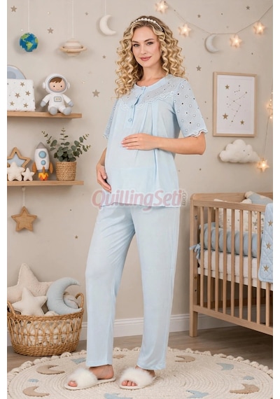 Lady Bebe Mavisi Renkli Dantel Detaylı, 33206 Kısa Kol, 2 Parça Lohusa Hamile Pijama Takımı Açık Mavi