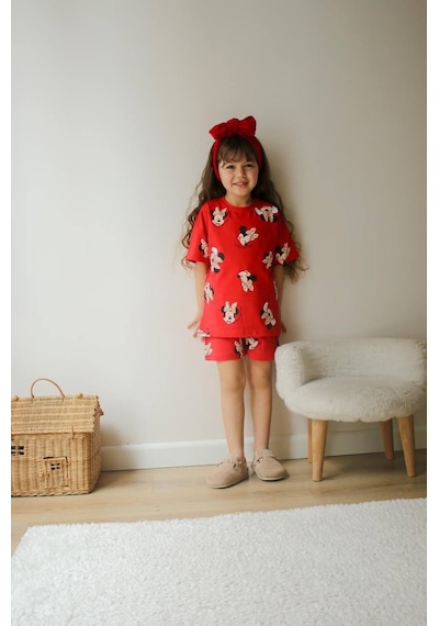Miniko Kids Kız Çocuk Karakter Modelli Baskılı Şortlu Pamuk Takım Kırmızı