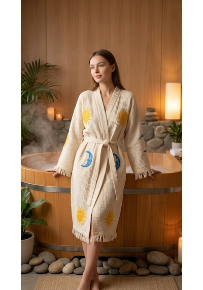 Varol Organik %100 Pamuk Kimono Yaka Sabahlık Bornoz - Solyra Krem