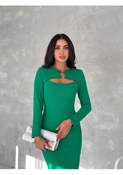 Defymoda Kadın Uzun Kollu Halka Ve Pencere Dekolte Detay Fırsat Ürün Midi Boy Elbise Yeşil Defymoda Kadın Uzun Kollu Halka Ve Pencere Dekolte Detay Fırsat Ürün Midi Boy Elbise Yeşil