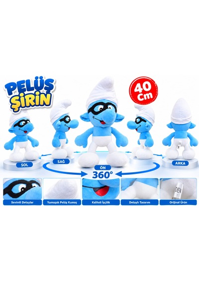 Oyuncak Peluş Şirinler Şirin Baba-şirine-gözlüklü Şirin-gülen Şirin Sevimli Oyun Arkadaşı Hediyelik 40 Cm Mavi - Siyah