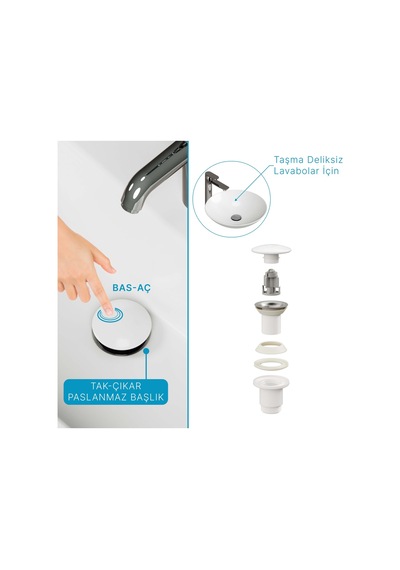 Aqua Bagno Pop-up Sifon, Beyaz Seramik Başlıklı ,taşma Deliksiz, 1 -1/4 Beyaz