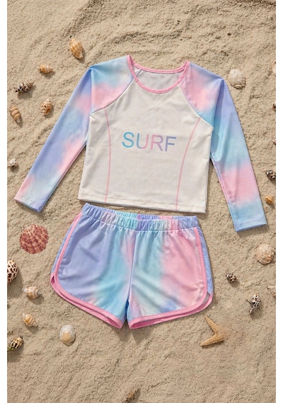 Zuzunga Surf Baskılı Renkli Kız Çocuk Uzun Kollu Spor Mayo Takımı Beyaz
