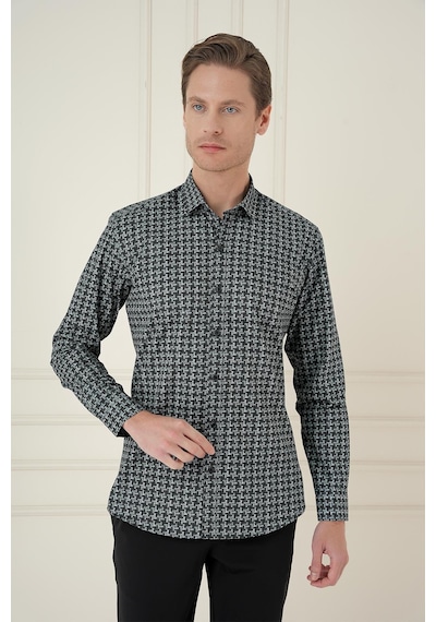Efor Slim Fit Kazayağı Desenli %100 Pamuk Casual Gri Gömlek G 1585 Gri