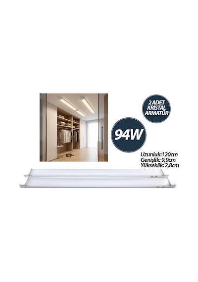 2 Pcs 94w 120cm Kristal Led Bant Armatür Beyaz 6500k Alüminyum Kapak Ip20 - Y Bağlantı Eamp-093/1b 5570