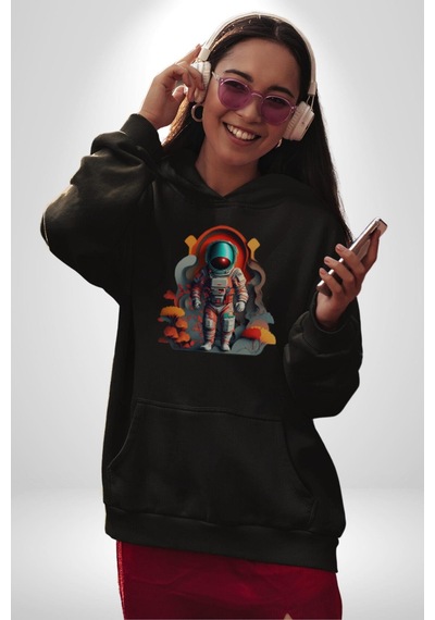 Astronot Yapay Zeka Yürüyüş Kadın Erkek Siyah Kapüşonlu Sweatshirt Hoodie Siyah
