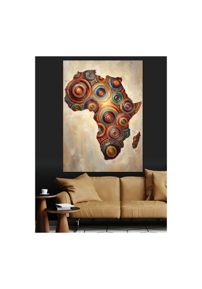 Renkli Desenli Afrika Kıtası Haritası Yağlı Boya Dokulu Kanvas Tablo Canvas Tablosu