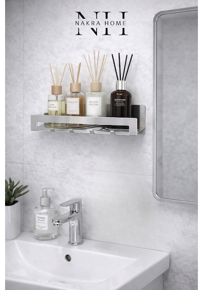 Paslanmaz Çelik Çok Amaçlı Banyo Ve Mutfak Rafı 4 Askılı, Yapışkanlı & Vidalı Kurulum Inox