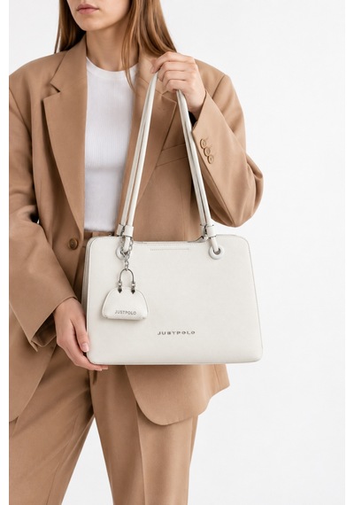 Just Polo Kadın Yeni Sezon Büyük Boy Aksesuar Detaylı Günlük Şık Kol Çantası Shopper Beyaz