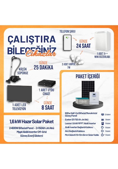 1.6 Kw Hazır Solar Paket 2x600w Bifacial Panel + 150ah Jel Akü + Mppt Akıllı Inverter Off-grid Güneş Enerji Sistemi