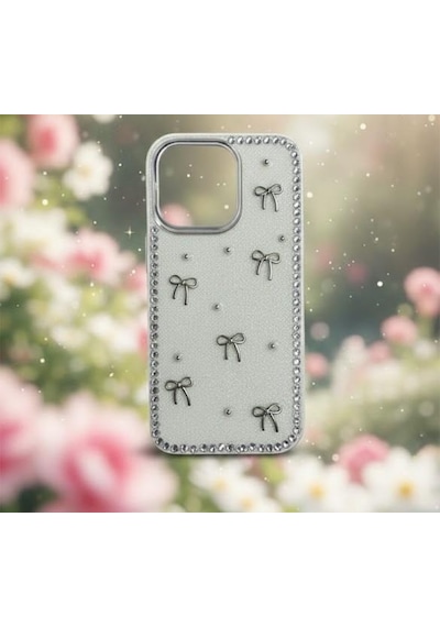 Apple Uyumlu iPhone 15 Fiyonk Figürlü Simli İnci Taşlı Lüx Silikon Kılıf Gri