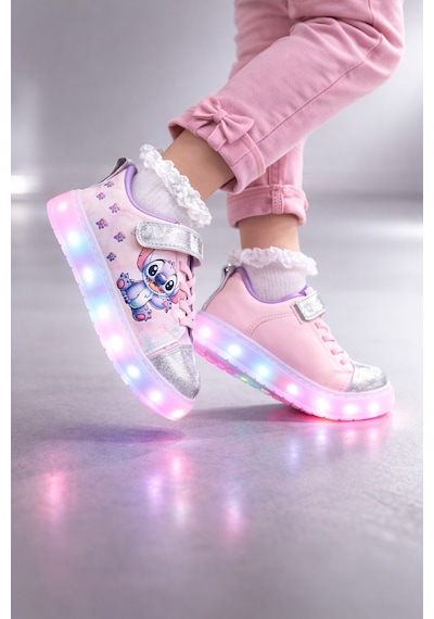 Kız Çocuk Desenli Işıklı Led Tabanlı Simli Cırt Cırtlı Sneaker Mavi