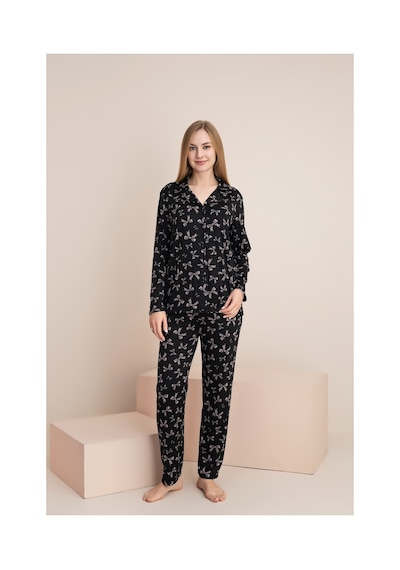 Rindahomewear Kadın Fiyonk Desenli Milan Örme Lizbon Düğmeli Pijama Takımı Siyah