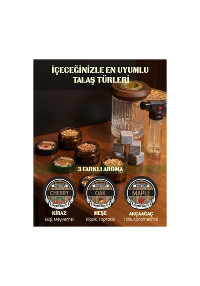 Lüx Kutulu Hediyelik Viski Tütsüleme Seti / 1 Adet Smoker / 1 Adet Viski Bardağı / 6 Adet Viski Taşı / Torch Çakmak / 3 Farklı Talaş / Kullanım Kartı / Hediye Kartı / Full Set Kokteyl Tütsüleme Kiti - 886844069