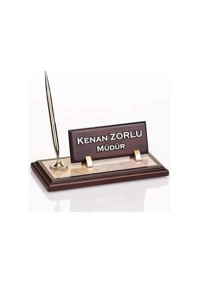 Mermer Zeminli Ahşap Masa İsimliği Ofis Masaüstü İsimlik