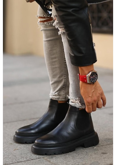 Shoetyle - Siyah Hakiki Deri Erkek Chelsea Bot 101-9046-1425 Siyah