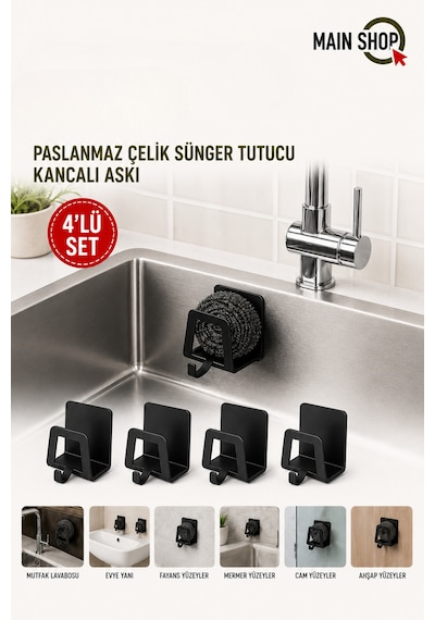 Mainshop 4 Adet Musluk Yanı Sünger Askılığı Evye Sünger'liği Banyo Mutfak Kancalı Düzenleyici M-sng2 Siyah