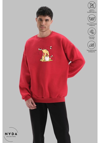 Unisex Uzun Kollu Winnie The Pooh Baskılı Bisiklet Yaka Kapüşonsuz Şardonlu Oversize Sweatshirt Kırmızı