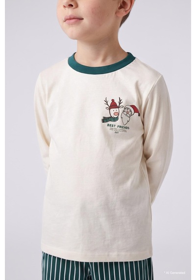 Defacto Baskılı Uzun Kollu Üst Çizgili Alt Flanel 2li Dokuma Pijama Takımı Erkek Bebek I3389a526wner118 Ekru-er118
