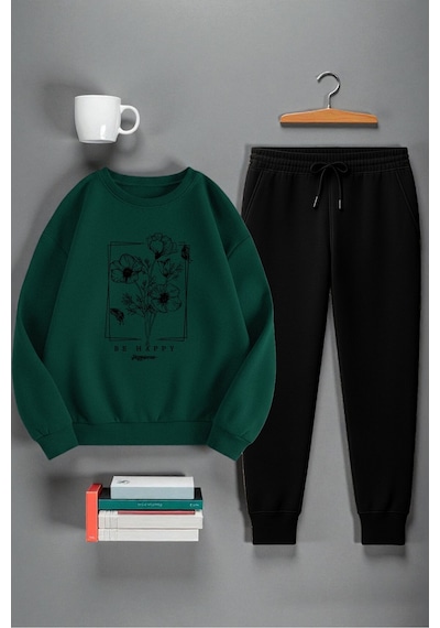 Uyguntarz Unisex Kurdele Tasarım Baskılı Bisiklet Yaka Sweatshirt 2'li Eşofman Takımı Yeşil Uyguntarz Unisex Kurdele Tasarım Baskılı Bisiklet Yaka Sweatshirt 2'li Eşofman Takımı Yeşil
