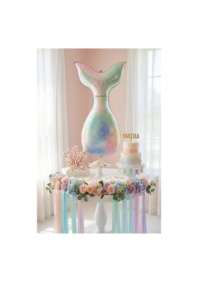 Makaron Denizkızı Kuyruğu Balon Stand Seti Şeffaf 7 Li Stand + Makaron Denizkızı Kuyruğu Folyo Balon + 7 Lateks Balon