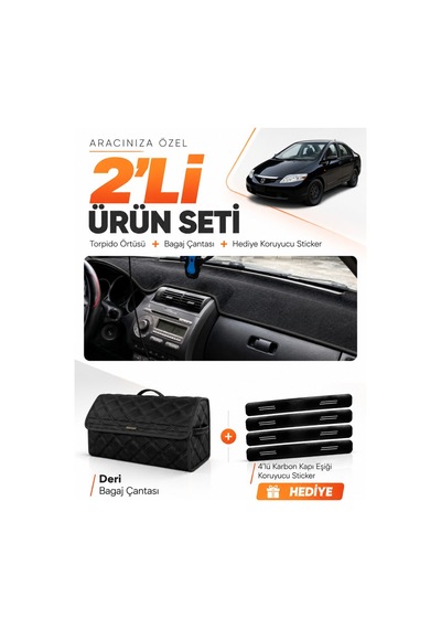 Honda Cıty 2002-2007 Uyumlu Torpido Örtüsü + Deri Bagaj Çantası + Sticker Seti - Siyah