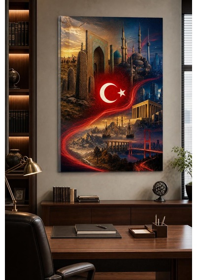 Türkiye Temalı Baskılı Cam Tablo Türk Bayrağı Ve Tarihi Mimari Duvar Dekoru