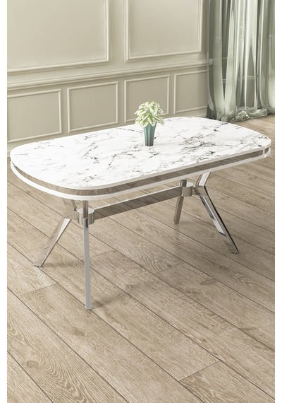 Canisa Epal Serisi 90x168 Lak Panel Beyaz Mermer Desen Masa Takımı Krom Ayaklı 6 Siyah Sandalye Beyaz Mermer Desen Masa Sandalyeler Siyah