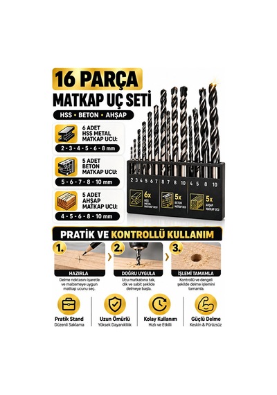 Matkap Ucu Seti 16 Parça Hss Beton Ahşap Delme