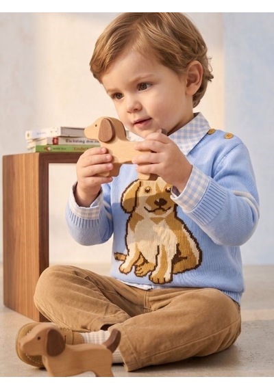 Zekids Erkek Bebek Mavi Köpek Desenli Triko Kazak Gömlek Ve Pantolon Takım-17438
