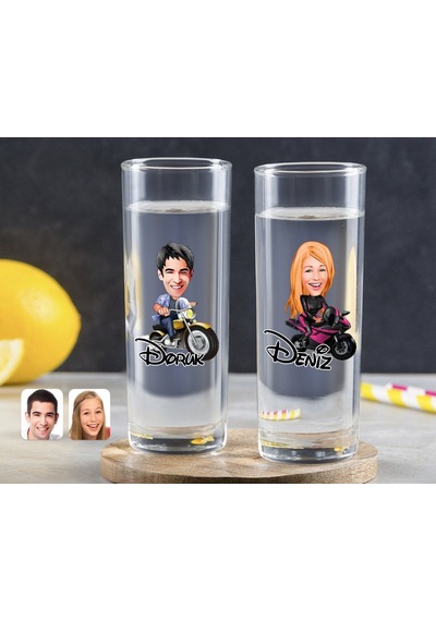 Kişiye Özel Renkli Baskılı Erkek Ve Kadın Karikatürlü İkili Vodka Bardağı-8 Çok Renkli