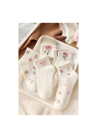 Hitit Socks Kadın 5 Çift Premium Kalite Sarmal Çiçek Desenli Kısa Kolej Çorap Bilek Çorabı Beyaz