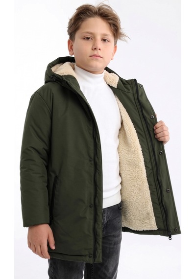 D1fference İçi Kürklü Kapüşonlu Cepli Erkek Çocuk Kışlık Parka Mont Haki