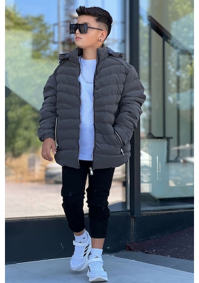 Pina Kids Erkek Çocuk Çıkarılabilir Kapüşonlu Sık Dikişli Nova Kumaş Kışlık Şişme Mont Km4016 Füme