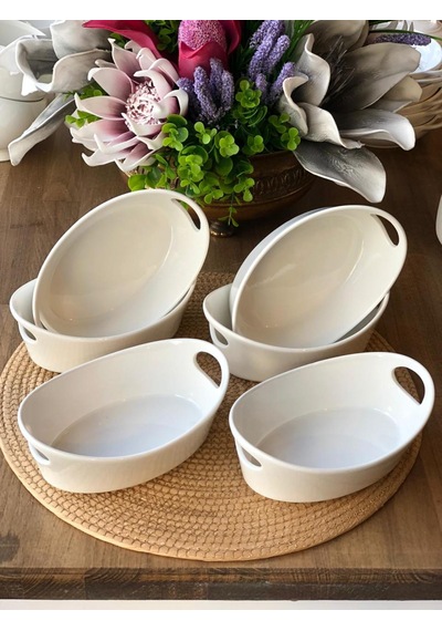 Beyaz Porselen Kulplu Oval Sunumluk 6'lı
