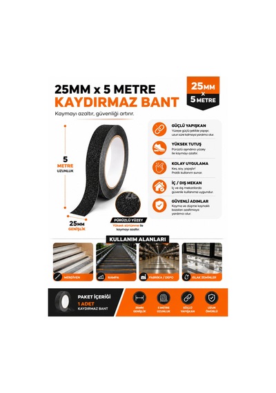 25mm X 5 Metre Siyah Kaydırmaz Bant Güçlü Yapışkanlı Merdiven, Rampa Ve Islak Zemin Güvenlik Bandı