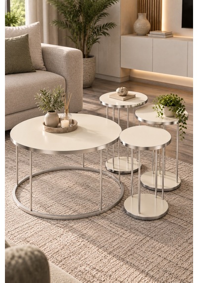 Sulorahome Gümüş Metal Ayaklı Krem Renkli 4'lü Sehpa Seti